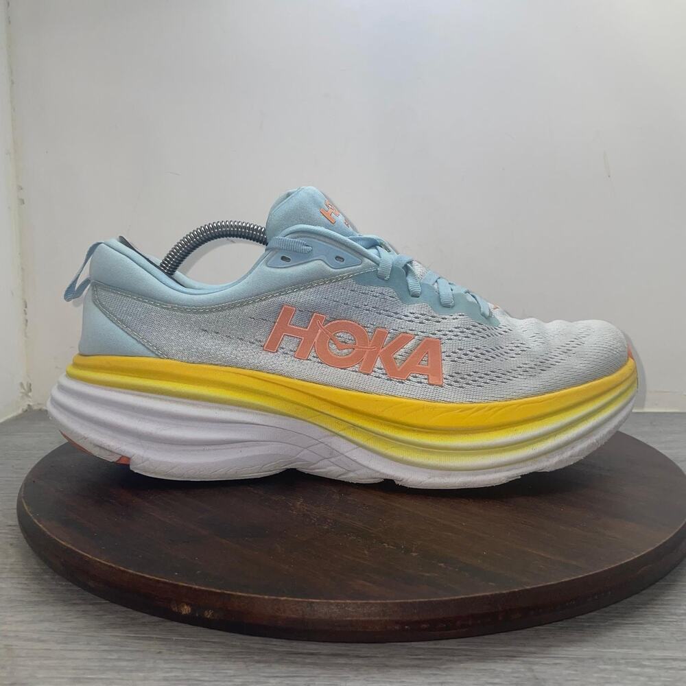 Hoka One One Bondi 8 Womens Size 12B Blue Yellow Athletic Running Shoes Sneakers